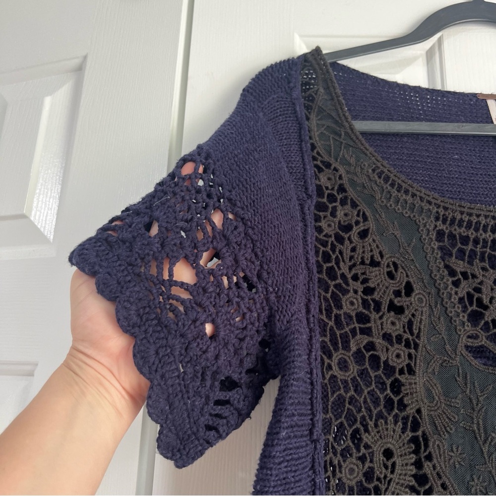 Oversized Free People Crochet Short Sleeve Blouse Shirt Top Ruffle Black Blue XS - Picture 7 of 13